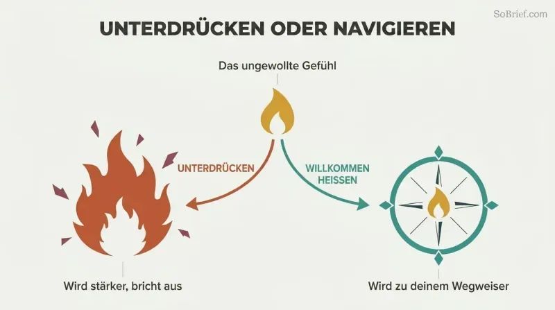A fork diverging from one unwanted feeling into a chaotic wildfire when suppressed or a guiding compass when welcomed.