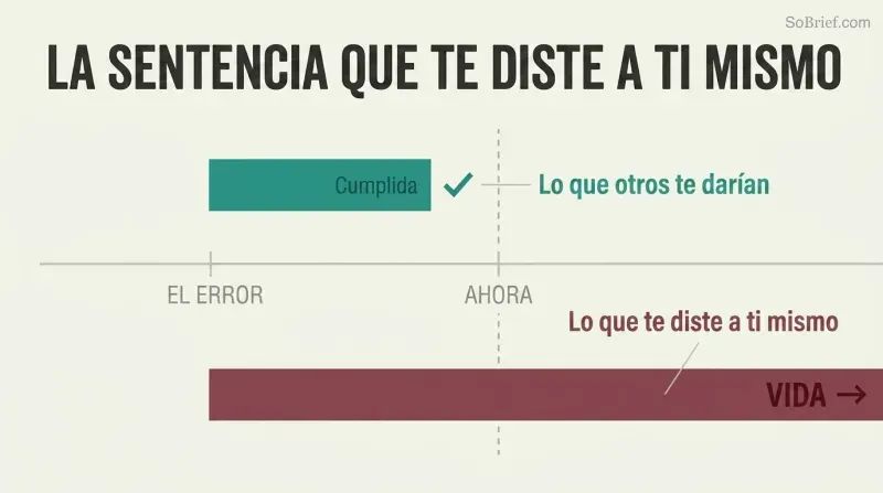 Two horizontal bars on a timeline showing a short fair sentence already served versus an endlessly long self-imposed life sentence stretching decades beyond.
