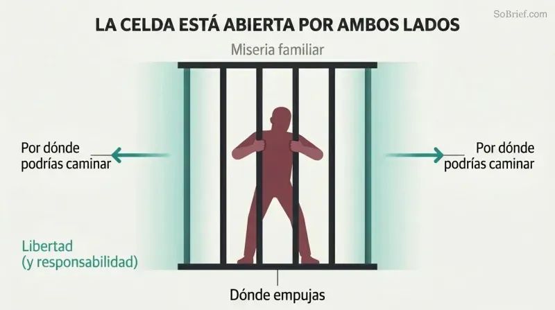 A silhouette figure grips prison bars at center while both sides of the cell stand wide open, showing that the perceived trap has always had an available exit.