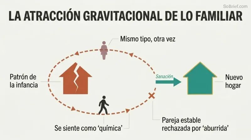 A small figure orbits endlessly around a cracked house representing childhood patterns, until a break in the orbit leads to a new, whole house representing a healthier sense of home.