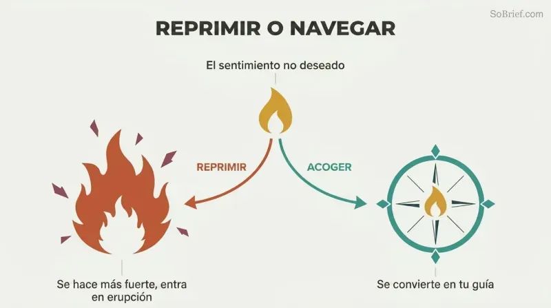 A fork diverging from one unwanted feeling into a chaotic wildfire when suppressed or a guiding compass when welcomed.