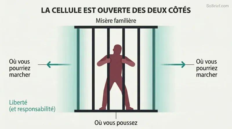 A silhouette figure grips prison bars at center while both sides of the cell stand wide open, showing that the perceived trap has always had an available exit.