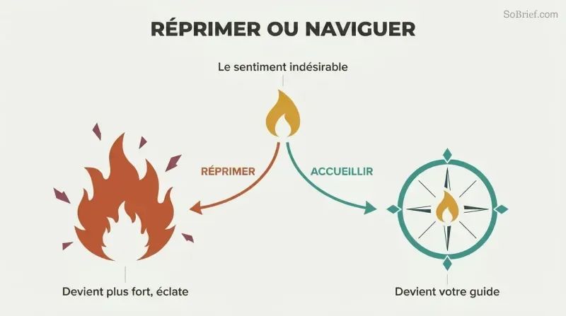 A fork diverging from one unwanted feeling into a chaotic wildfire when suppressed or a guiding compass when welcomed.
