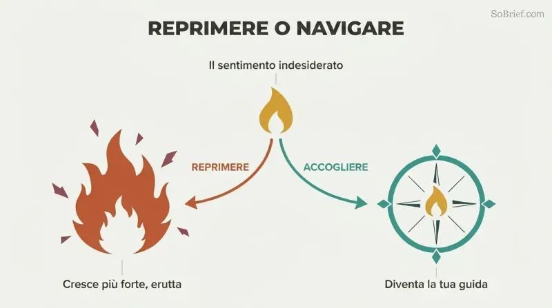 A fork diverging from one unwanted feeling into a chaotic wildfire when suppressed or a guiding compass when welcomed.