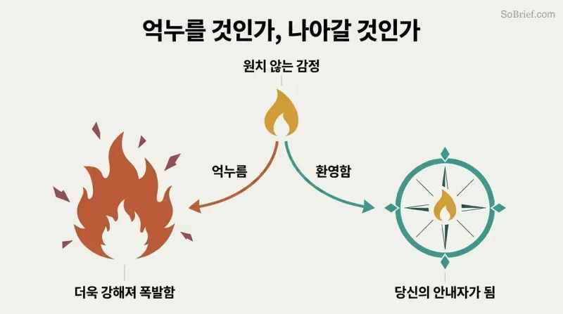 A fork diverging from one unwanted feeling into a chaotic wildfire when suppressed or a guiding compass when welcomed.