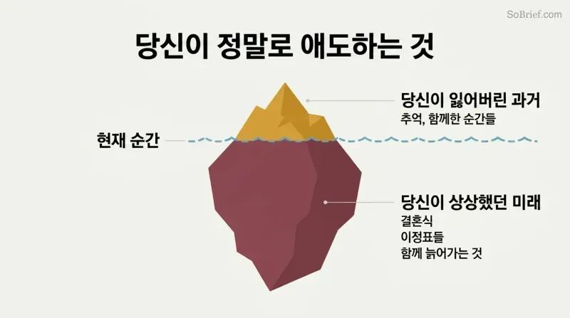 Iceberg diagram showing a small portion of grief above a waterline labeled as the past, with a much larger submerged portion representing the imagined future that was lost.