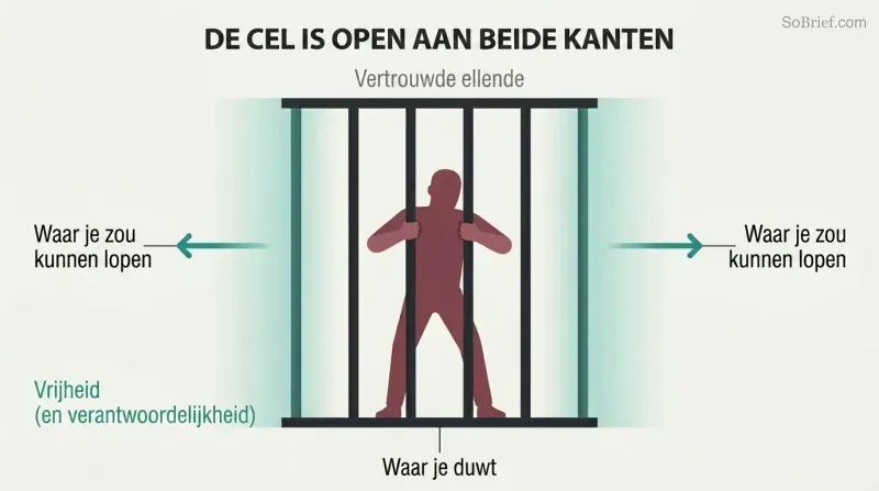 A silhouette figure grips prison bars at center while both sides of the cell stand wide open, showing that the perceived trap has always had an available exit.
