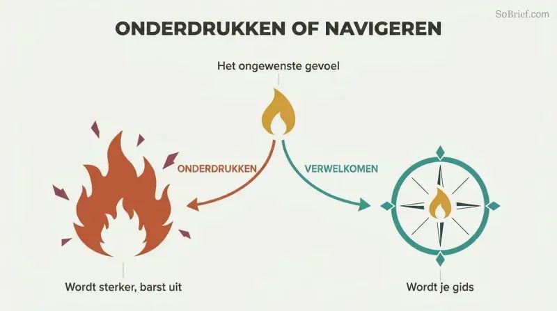 A fork diverging from one unwanted feeling into a chaotic wildfire when suppressed or a guiding compass when welcomed.