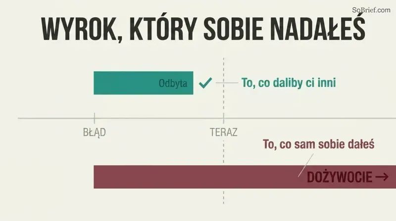 Two horizontal bars on a timeline showing a short fair sentence already served versus an endlessly long self-imposed life sentence stretching decades beyond.