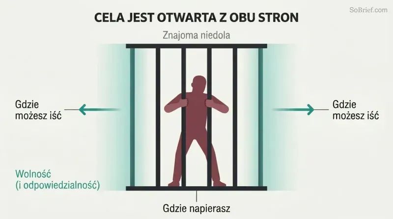 A silhouette figure grips prison bars at center while both sides of the cell stand wide open, showing that the perceived trap has always had an available exit.