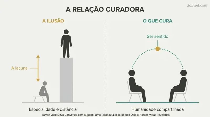 Split panel contrasting an elevated therapist above a diminished patient versus both seated at the same level, connected through shared humanity.