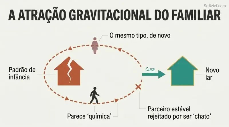 A small figure orbits endlessly around a cracked house representing childhood patterns, until a break in the orbit leads to a new, whole house representing a healthier sense of home.