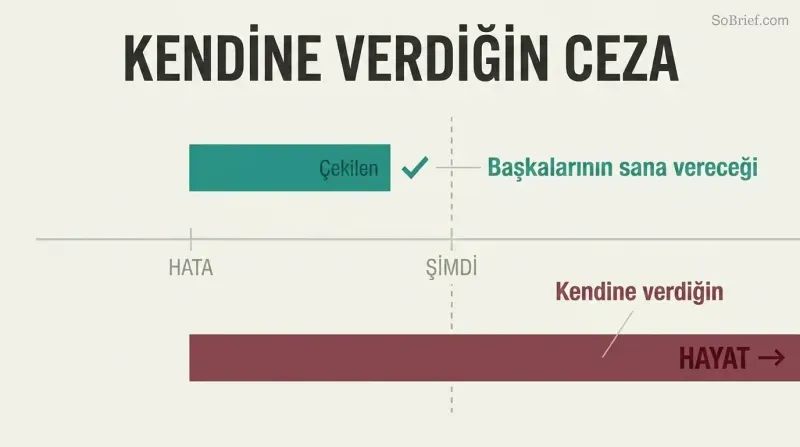 Two horizontal bars on a timeline showing a short fair sentence already served versus an endlessly long self-imposed life sentence stretching decades beyond.