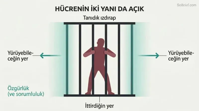 A silhouette figure grips prison bars at center while both sides of the cell stand wide open, showing that the perceived trap has always had an available exit.