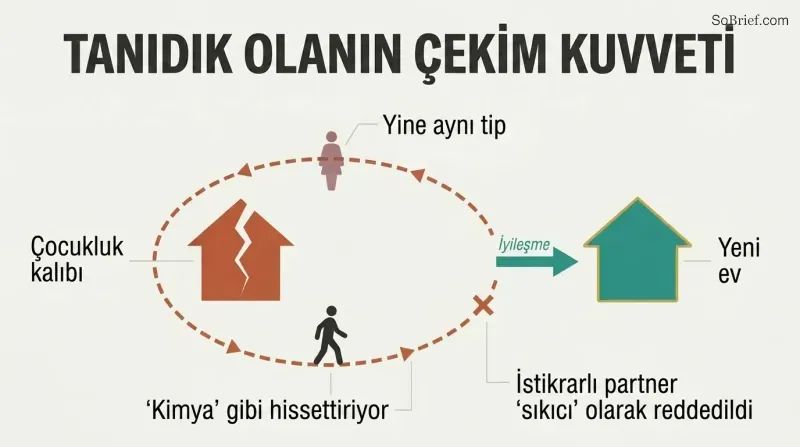 A small figure orbits endlessly around a cracked house representing childhood patterns, until a break in the orbit leads to a new, whole house representing a healthier sense of home.