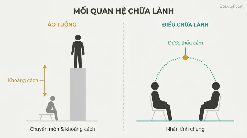 Split panel contrasting an elevated therapist above a diminished patient versus both seated at the same level, connected through shared humanity.