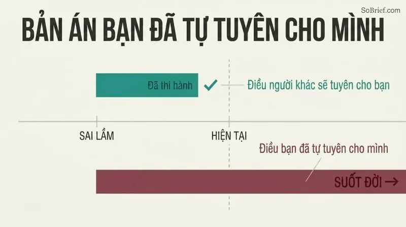 Two horizontal bars on a timeline showing a short fair sentence already served versus an endlessly long self-imposed life sentence stretching decades beyond.