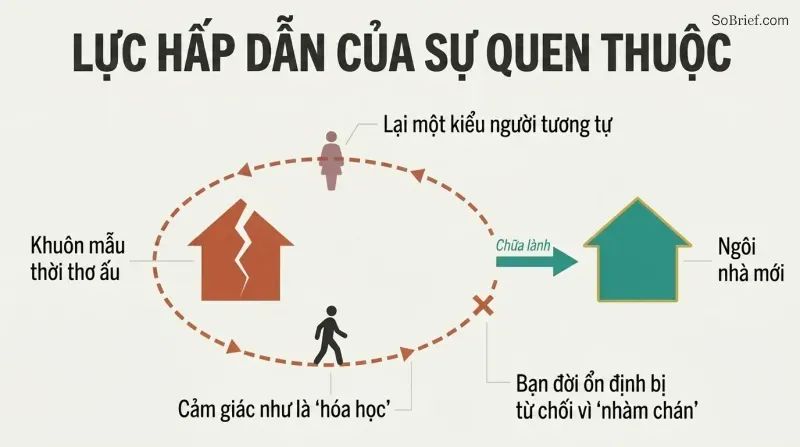 A small figure orbits endlessly around a cracked house representing childhood patterns, until a break in the orbit leads to a new, whole house representing a healthier sense of home.
