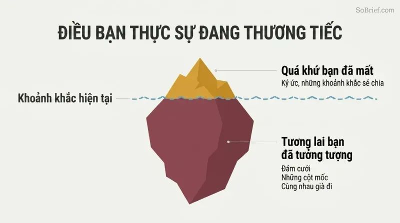 Iceberg diagram showing a small portion of grief above a waterline labeled as the past, with a much larger submerged portion representing the imagined future that was lost.