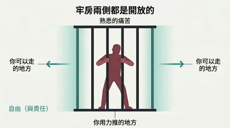 A silhouette figure grips prison bars at center while both sides of the cell stand wide open, showing that the perceived trap has always had an available exit.