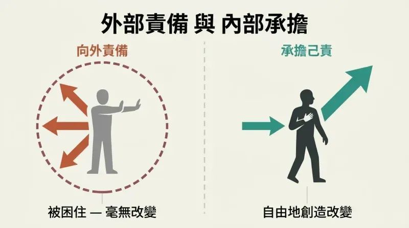 Split panel contrasting a figure trapped inside a dashed circle pointing blame outward with a figure looking inward and ascending freely forward.
