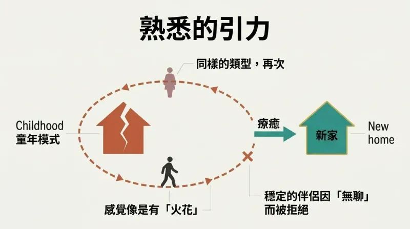 A small figure orbits endlessly around a cracked house representing childhood patterns, until a break in the orbit leads to a new, whole house representing a healthier sense of home.