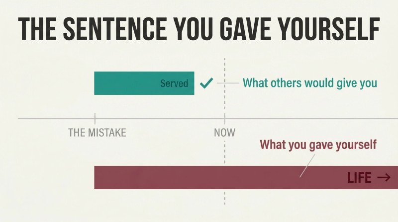 Two horizontal bars on a timeline showing a short fair sentence already served versus an endlessly long self-imposed life sentence stretching decades beyond.