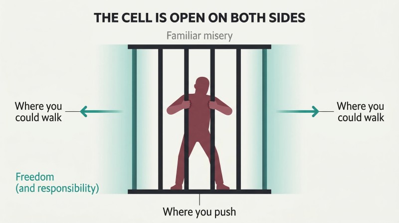 A silhouette figure grips prison bars at center while both sides of the cell stand wide open, showing that the perceived trap has always had an available exit.