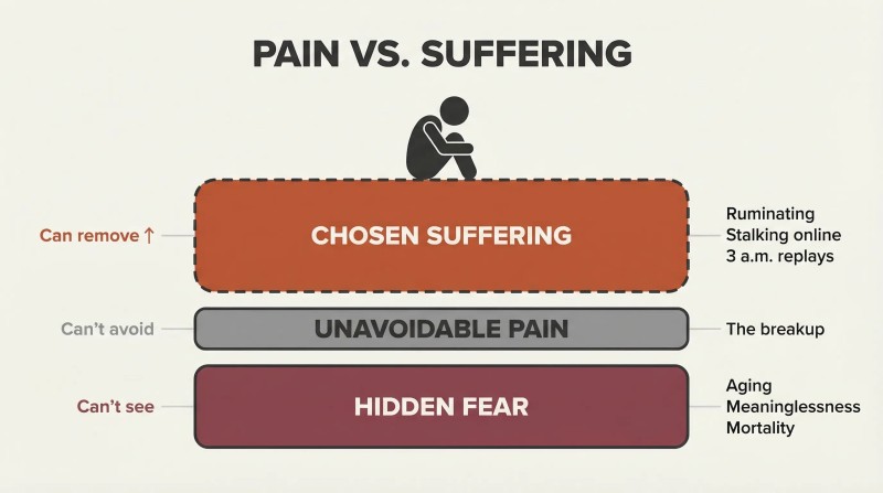 Three stacked horizontal layers showing how chosen suffering sits atop unavoidable pain, hiding deeper fears of aging, meaninglessness, and mortality beneath.