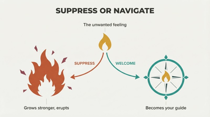A fork diverging from one unwanted feeling into a chaotic wildfire when suppressed or a guiding compass when welcomed.