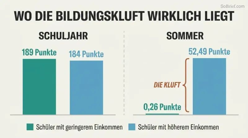 Two paired bar comparisons showing nearly equal school-year reading gains for poor and rich kids, then a dramatic gap in summer gains where rich kids gain 52 points and poor kids gain nearly zero.