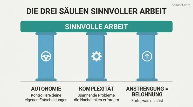 Three pillars labeled Autonomy, Complexity, and Effort-Reward each supporting a platform labeled Meaningful Work, with simple icons atop each pillar.