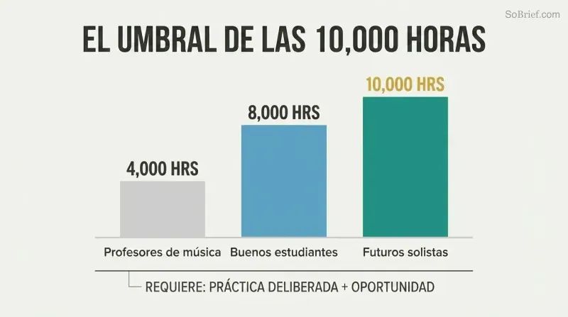 Three ascending bars show how practice hours from 4,000 to 10,000 correspond to rising mastery levels among elite violinists.