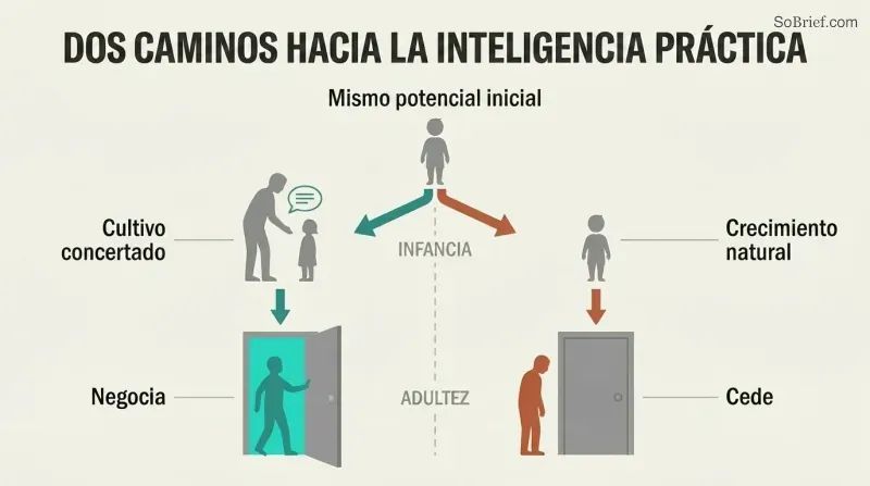 Split panel showing how concerted cultivation leads a child to become an adult who opens institutional doors, while natural growth leads to an adult blocked by a closed door.