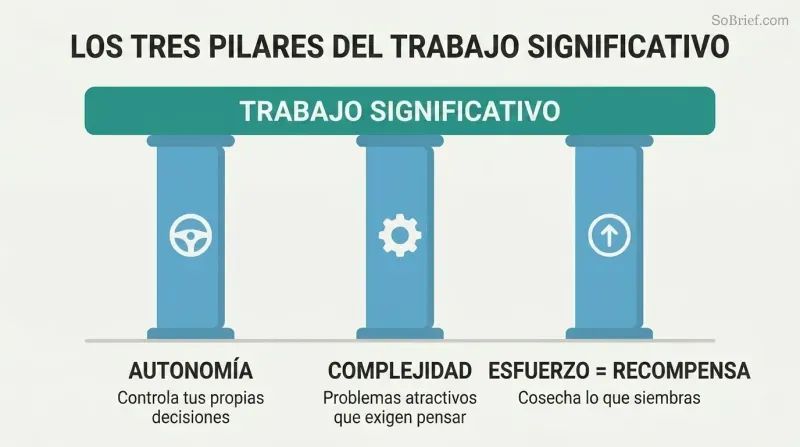 Three pillars labeled Autonomy, Complexity, and Effort-Reward each supporting a platform labeled Meaningful Work, with simple icons atop each pillar.