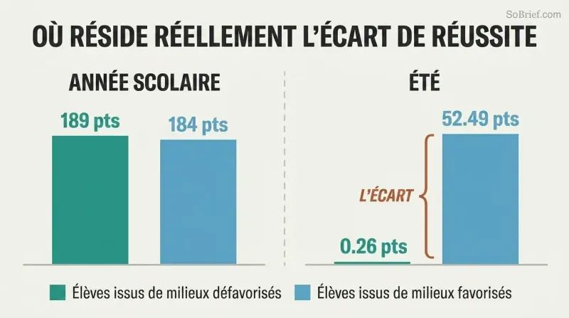 Two paired bar comparisons showing nearly equal school-year reading gains for poor and rich kids, then a dramatic gap in summer gains where rich kids gain 52 points and poor kids gain nearly zero.