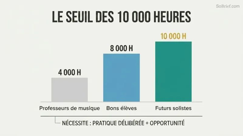 Three ascending bars show how practice hours from 4,000 to 10,000 correspond to rising mastery levels among elite violinists.