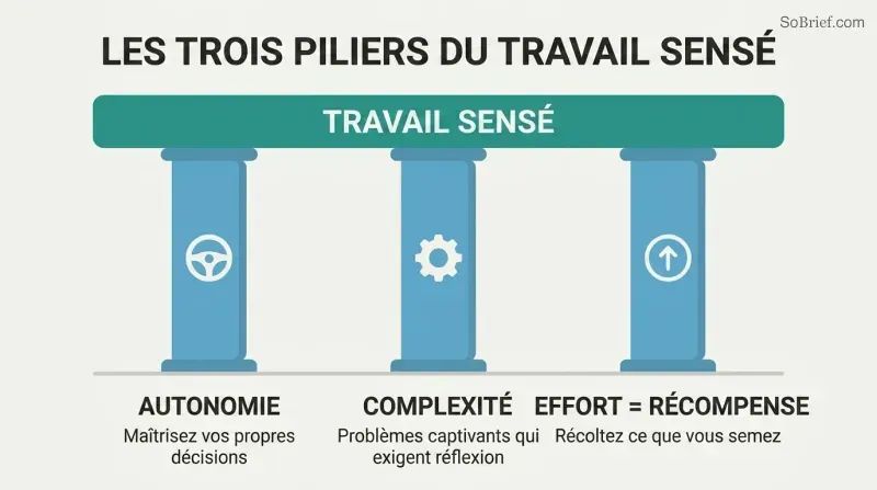 Three pillars labeled Autonomy, Complexity, and Effort-Reward each supporting a platform labeled Meaningful Work, with simple icons atop each pillar.
