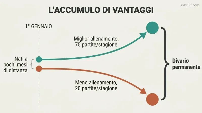 Two lines diverge from nearly the same starting point at a January 1 cutoff, showing how months of maturity compound into a lifelong advantage gap.
