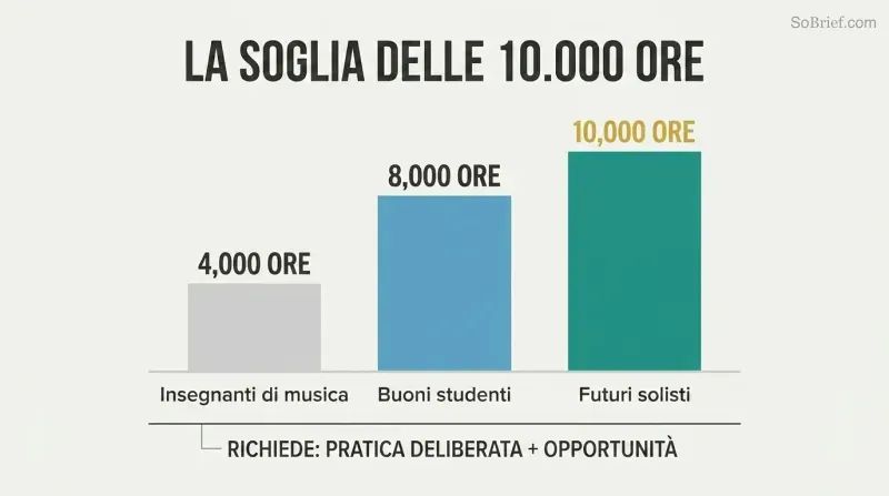 Three ascending bars show how practice hours from 4,000 to 10,000 correspond to rising mastery levels among elite violinists.