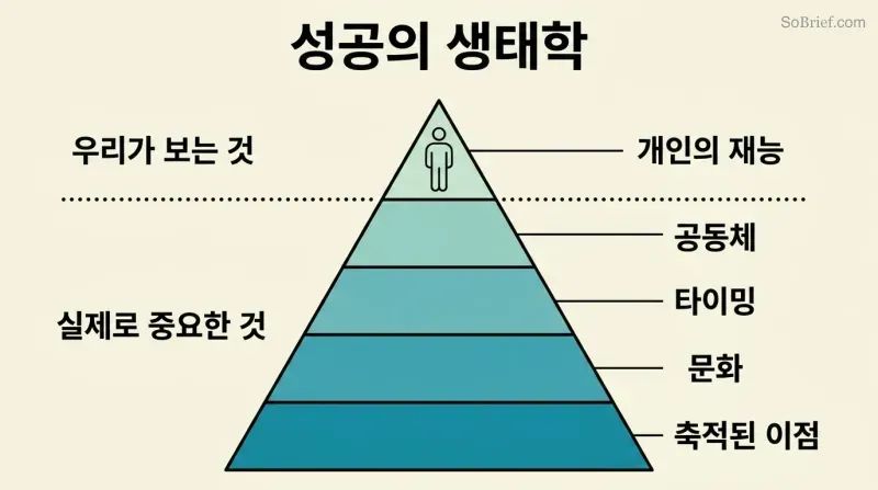 Iceberg with a small visible tip labeled individual talent above a waterline and a much larger submerged mass listing community, timing, culture, and accumulated advantages below.