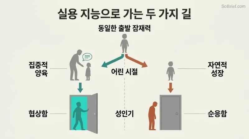 Split panel showing how concerted cultivation leads a child to become an adult who opens institutional doors, while natural growth leads to an adult blocked by a closed door.