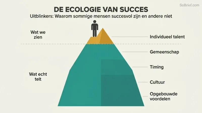 Iceberg with a small visible tip labeled individual talent above a waterline and a much larger submerged mass listing community, timing, culture, and accumulated advantages below.