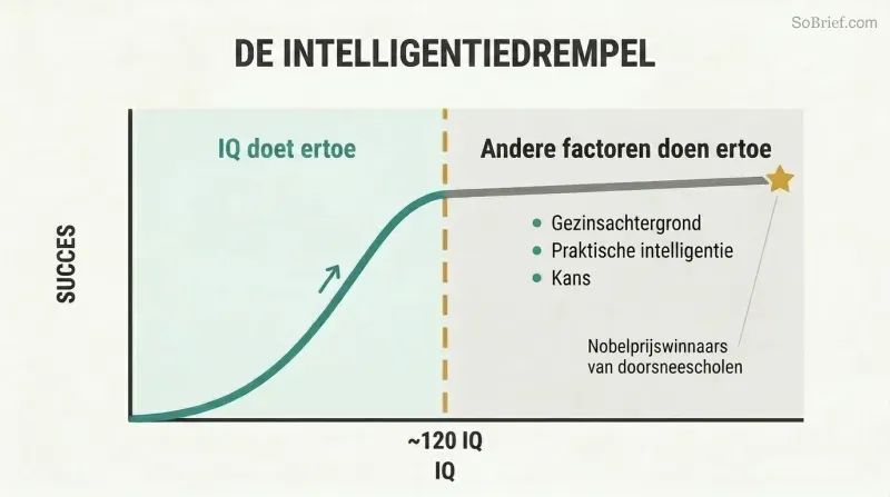 A curve rising steeply then flattening at IQ 120, showing that beyond a threshold, more intelligence barely increases success.