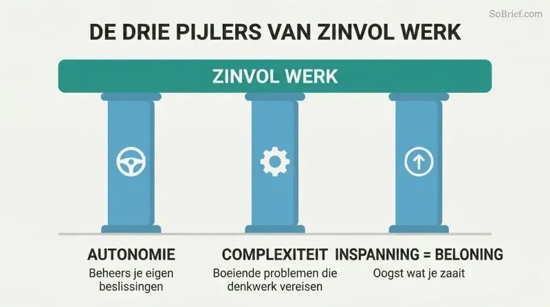 Three pillars labeled Autonomy, Complexity, and Effort-Reward each supporting a platform labeled Meaningful Work, with simple icons atop each pillar.