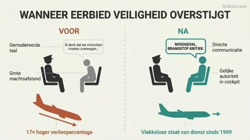 Split panel comparing a cockpit where a subordinate uses vague hints leading to a descending plane versus direct communication leading to safe flight.