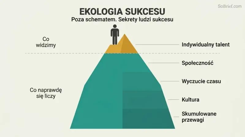 Iceberg with a small visible tip labeled individual talent above a waterline and a much larger submerged mass listing community, timing, culture, and accumulated advantages below.