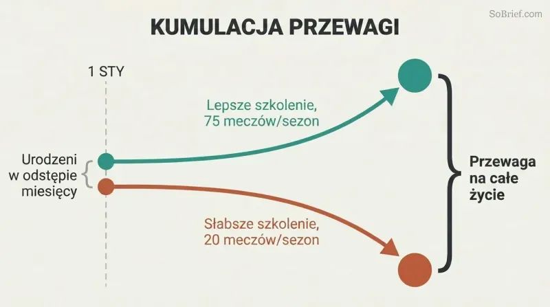 Two lines diverge from nearly the same starting point at a January 1 cutoff, showing how months of maturity compound into a lifelong advantage gap.