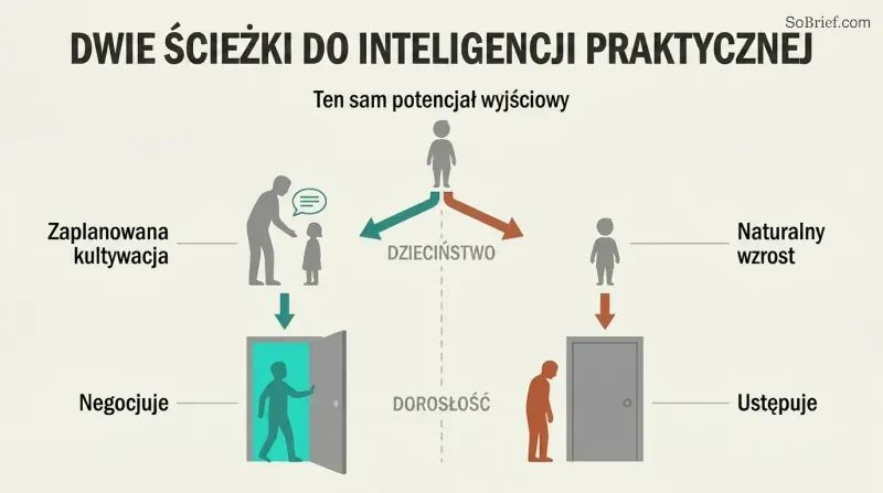 Split panel showing how concerted cultivation leads a child to become an adult who opens institutional doors, while natural growth leads to an adult blocked by a closed door.