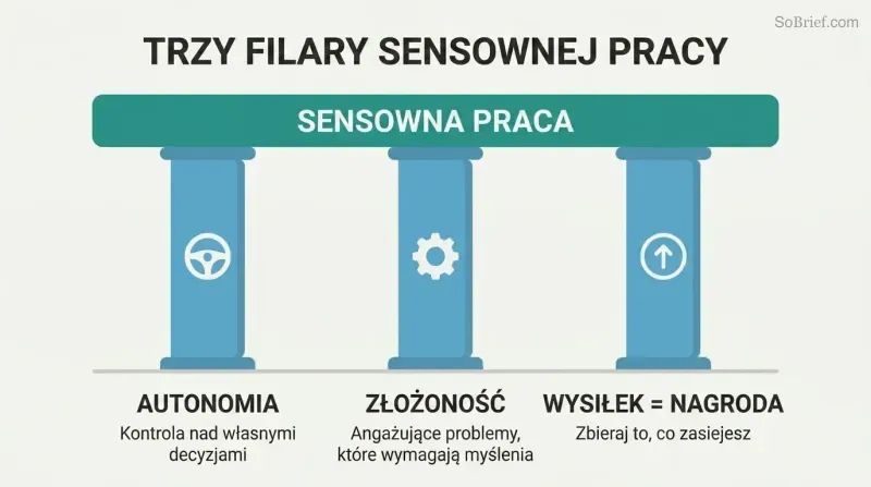 Three pillars labeled Autonomy, Complexity, and Effort-Reward each supporting a platform labeled Meaningful Work, with simple icons atop each pillar.